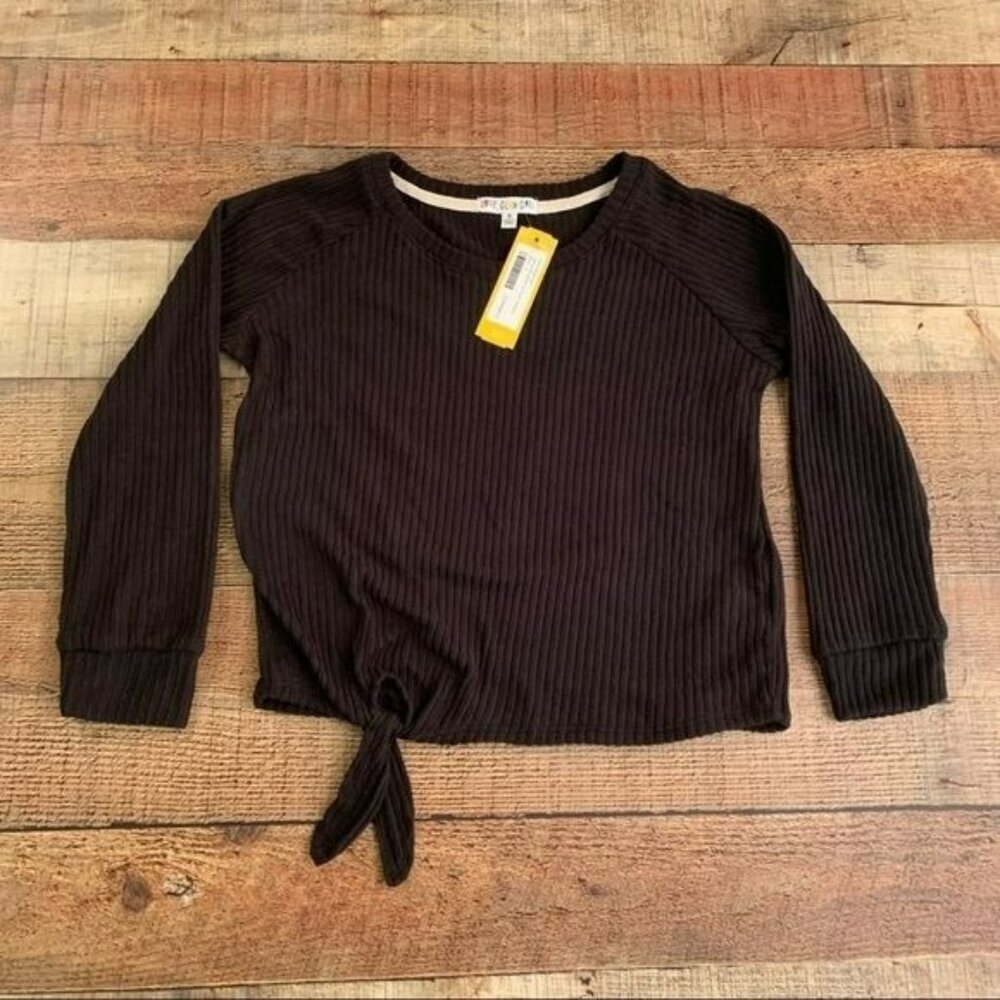 Love glam girl jayme ribbed brushed tie front pullover long sleeve shirt - S